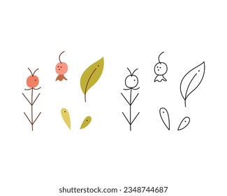 A small set of abstract berries and leaves. Black and white and color clipart vector illustration.