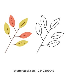 Un pequeño conjunto con una rama abstracta con hojas. Ilustración vectorial de clipart en blanco y negro y en color.