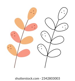 Small set with abstract branch with oval berries. Black and white and color clipart vector illustration.