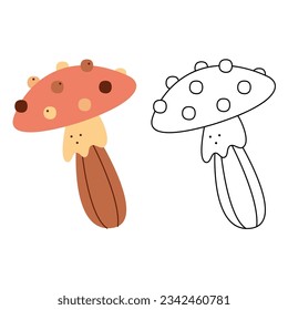 Pequeño conjunto con la mosca abstracta agaric. Ilustración vectorial de clipart en blanco y negro y en color.