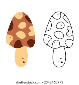 A small set with an abstract morel mushroom. Black and white and color clipart vector illustration.