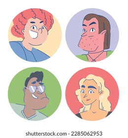 Small set of avatars of diverse people in circles, limited color scheme.