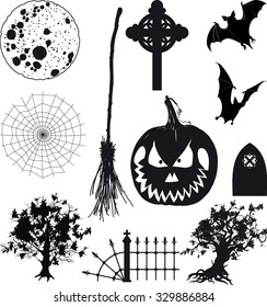 Small set of black icons for Halloween isolated on white
