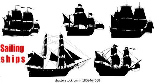 small set of black silhouettes of vintage sailing warships on white background