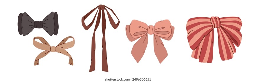 small set of bowties. elegant accessory. pastel tie isolated on white background. lovely satin knot. flat vector hand drawn illustrations