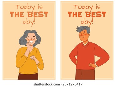 A small set of cards featuring a happy elderly woman and man, with the message Today is the best day ever