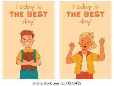 A small set of cards featuring joyful children boy and girl, with the message Today is the best day