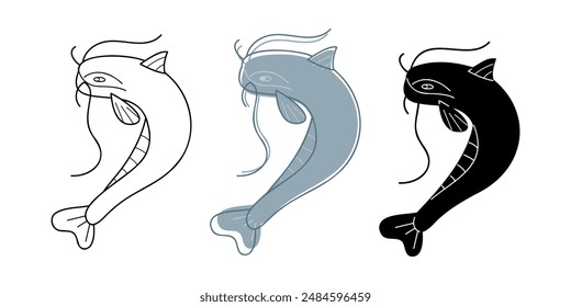 A small set with catfish in different colors. Doodle clip art for your projects.