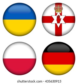 Small set of circle shaped flags. Ukraine, Poland, Germany, Northern Ireland