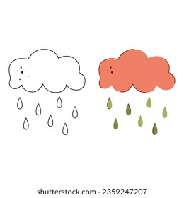 A small set with cloud and rain. Black and white and color clipart vector illustration.