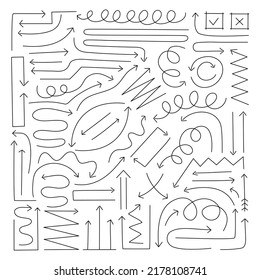 Small set collection of hand drawn arrows. Stylish elements for design. Vector illustration. 