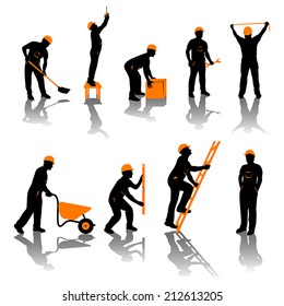 small set of different types of builders. all silhouettes in black and orange color