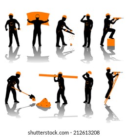 small set of different types of builders. all silhouettes in black and orange color