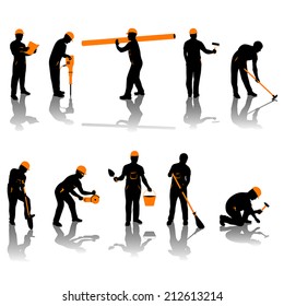 small set of different types of builders. all silhouettes in black and orange color