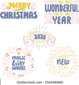 A small Set of five festive phrases to celebrate Christmas and New Year. Vector illustration. Perfect for greeting cards.