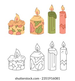 Small set with four different candles. Black and white and color clipart vector illustration.