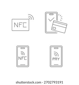 Small set of four line icons related to NFC and mobile payment.