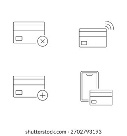 Pequeño conjunto de cuatro iconos de línea relacionados con las tarjetas y el pago móvil.