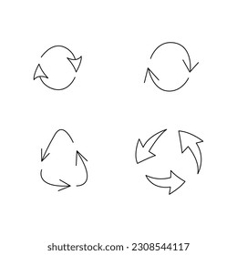 A small set of four recycling arrows. Doodle black and white vector illustration. 
