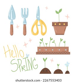 Small set of garden supplies in delicate colors, lettering hello spring. Shovel, chopper, houseplant