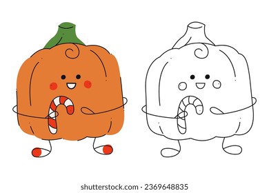 Small set of Halloween pumpkins with candy cane. Color, black and white flat vector illustration.