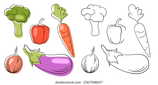 Small set with hand drawn line art vegetables. Sketch style. Flat icons onion, pepper, eggplant, carrot, broccoli. Vector illustration isolated on a white background.