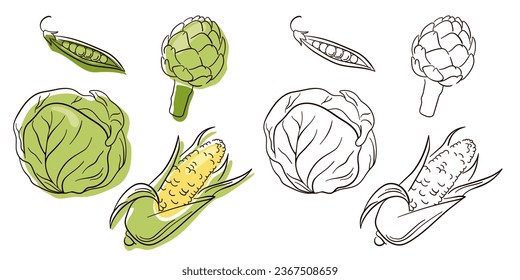Small set with hand drawn line art vegetables. Sketch style. Flat icons peas, artichoke, cabbage, corn. Vector illustration isolated on a white background.