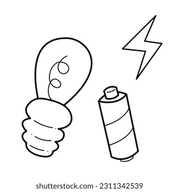 A small set of incandescent bulbs, batteries and a lightning bolt sign. Doodle black and white vector illustration.
