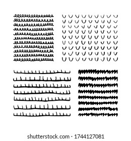 A small set of ink patterns - curls, waves, loops, combs, dashes. Hand-drawn patterns for design and decoration. Monochrome vector illustration. Black spots and blots on a white background. EPS-10.