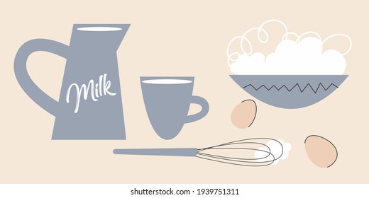 a small set of kitchen utensils, dishes and products for baking. Milk, whipped cream, eggs. Beige background, isolated vector objects. Primitive style illustration of lines and simple fill