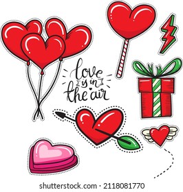 A small set for the lovers' holiday, heart-shaped balloons, a flying heart, a cake, a festive box, the text "Love in the air" for your design and postcards.vector illustration drawn by hand