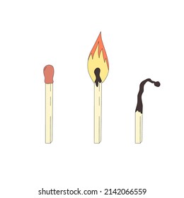 A small set of matches. New matchstick, burning matchstick, and burnt matchstick. Vector illustration isolated on white background. A symbol of life, death, emotional burnout, and depression