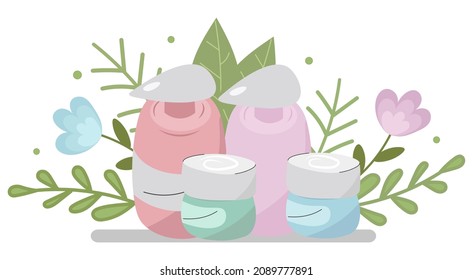 A small set of natural cosmetics is decorated with flowers and leaves. Eco-friendly skin care products. Spa set. Lotion, cream, gel, spray. Small stage in flat style in gentle pastel colors. Vector .