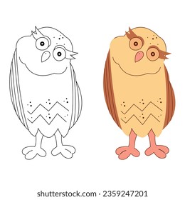 A small set with owls. Black and white and color clipart vector illustration.