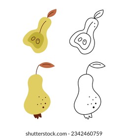 A small set with a pear and a half of pear. Black and white and color clipart vector illustration.