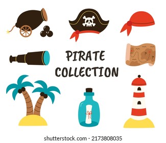 Small set of pirate elements in cartoon style. Vector illustration.