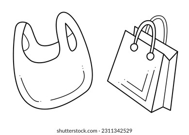 Un pequeño juego de una bolsa de plástico y una bolsa de papel. Ilustración vectorial en blanco y negro con doodle.
