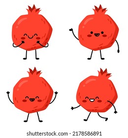 Small set with a pomegranate, different poses and emotions. Cute cartoon character red pomegranate fruit. Vector illustration, isolated on white background