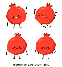 Small set with a pomegranate, different poses and emotions. Cute cartoon character red pomegranate fruit. Vector illustration, isolated on white background
