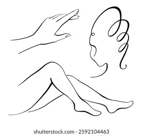 Small set of Silhouettes - Hand, Legs, Woman's Face. Vector, black line - monochrome