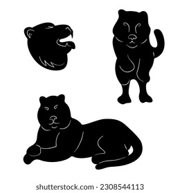 A small set of silhouettes of the head of a bear and two tigers. Doodle black and white vector illustration.
