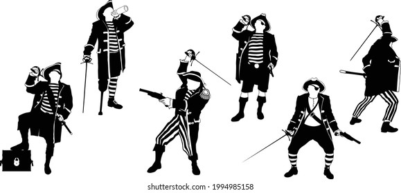 a small set of silhouettes of pirate captains in different situations with weapons having a rest and finding treasures on a white background 