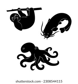 A small set of silhouettes of a sloth, an octopus and a catfish. Doodle black and white vector illustration.
