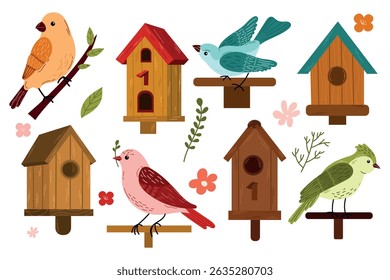 Small set of spring birds and birdhouses.Birdhouse with a bird, homemade nests, feeders and homes, for summer and spring birds. Cartoon cute colorful birdhouses collection, feeder on garden tree