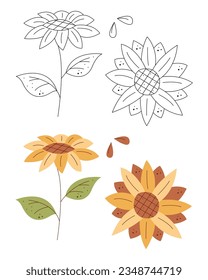 A small set with sunflower and seeds. Black and white and color clipart vector illustration.