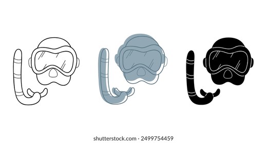 A small set of swimming mask and snorkel in different colors. Clip art for your projects.