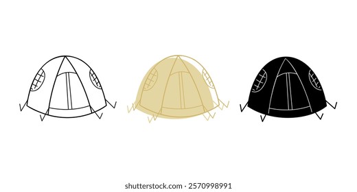 A small set of three tents in different colors. Clip art for your projects.