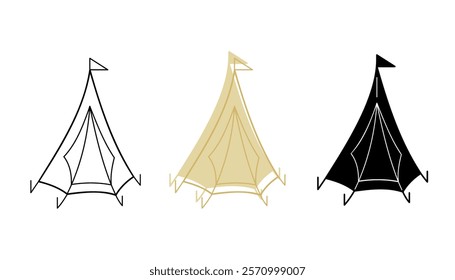 A small set of three tents with flag in different colors. Clip art for your projects.