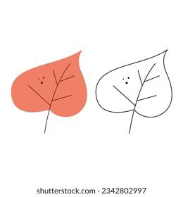 Small set with two abstract autumn leaf. Black and white and color clipart vector illustration.