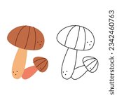 Small set with two abstract mushrooms. Black and white and color clipart vector illustration.